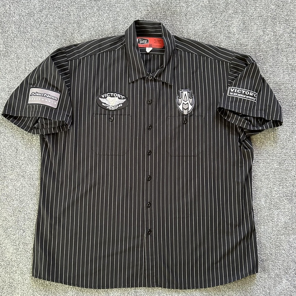 Victory Motorcycles Shirt Mens 2XL Black Pinstripe Arlen Ness Workwear Button Up